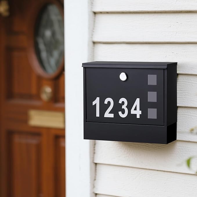 Locking Mailbox Wall Mount for Outside– Jssmst Mailboxes with Number and Key Lock for Front Door Fence, Large Capacity Letter Box, 14.3 x 4.1 x 11.8 Inch, Black
