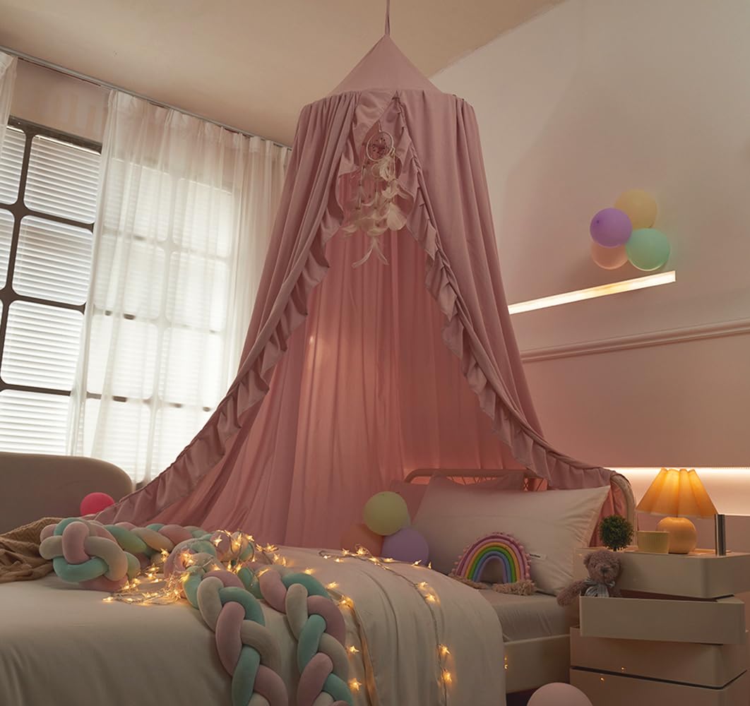 Mengersi Bed Canopy for Girls,Ruffled Canopy Bed Curtains Canopy for Girls Room,Hanging Canopy Princess Play Tent for Reading Nook Play Room Decor (Beige Pink)