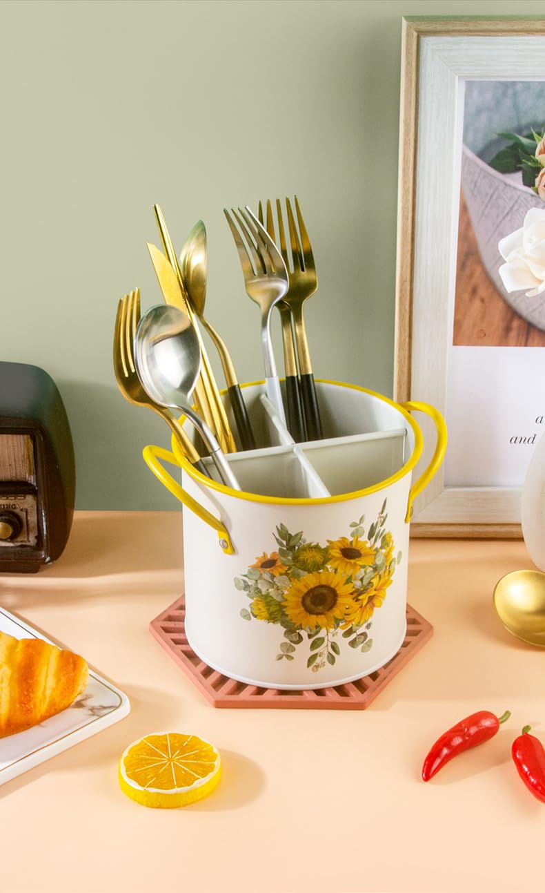 Metal Utensil Holder,Sunflower 4 Compartments Organizer Utensil Crock
