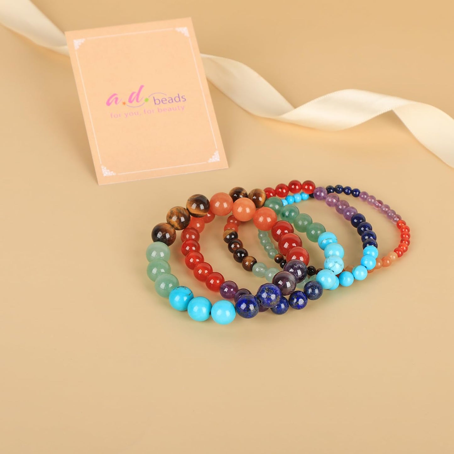 AD Beads Handmade Gemstone Stretch Elastic Bracelet Crystal Healing Reiki Nature's Beauty and Spiritual Essence Unisex (4mm, Seven Chakra Stones (Energy Balancing))