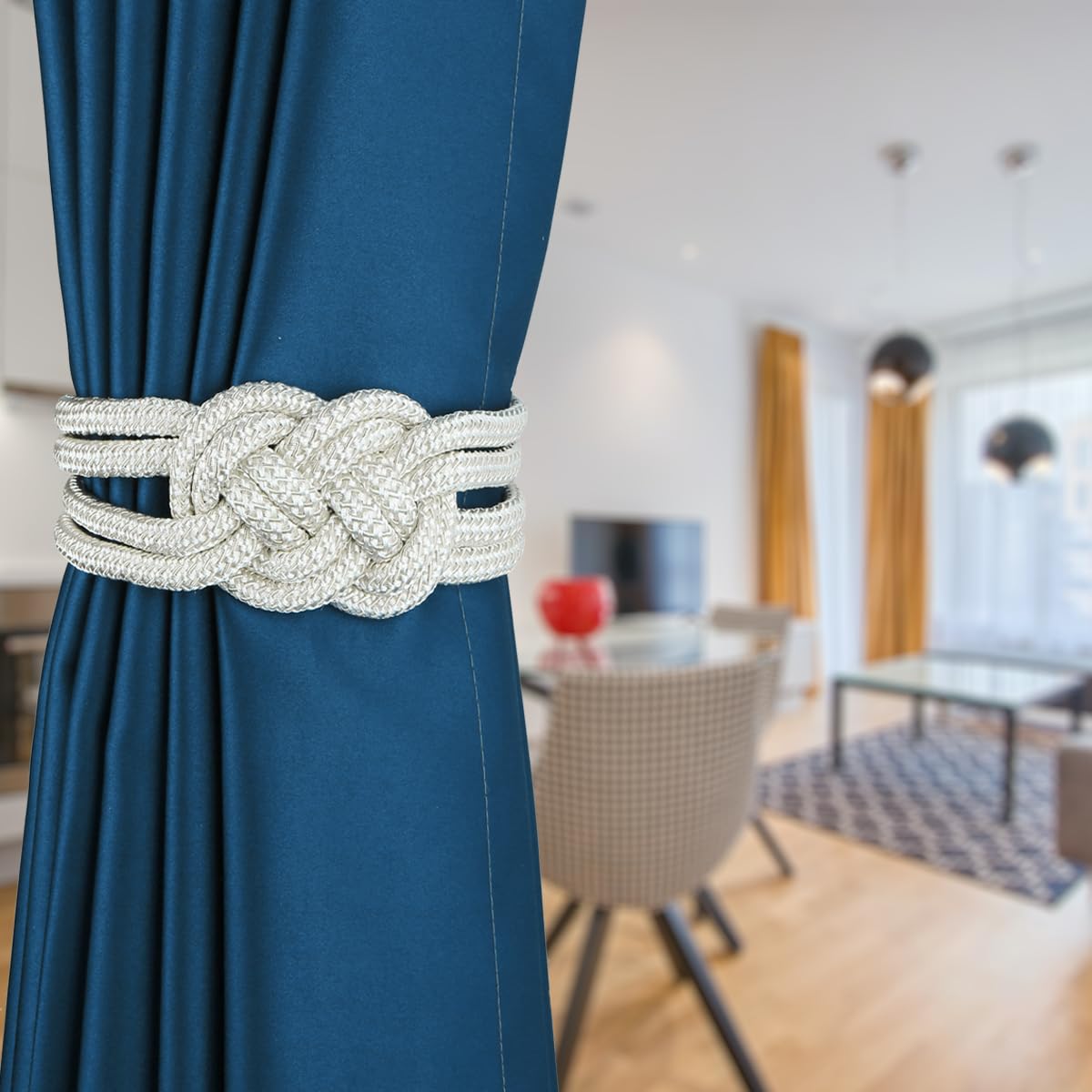 HedongHexi 2 Pack Magnetic Curtain Tiebacks, Hand Weave Rope Knot Decorative Curtain Holdbacks for Home & Office Thin Window Drapery (Beige,2P)