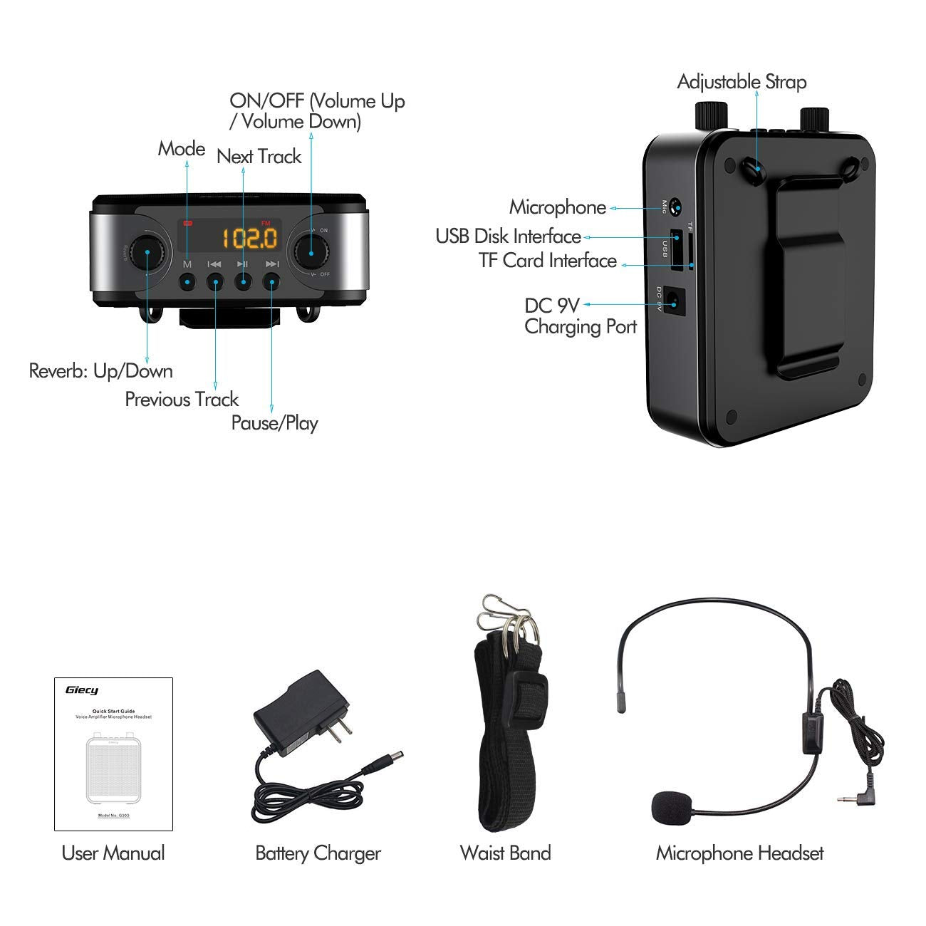 Giecy Portable Voice Amplifier, 30W 2800mAh Bluetooth Rechargeable Personal Voice Amplifier with Microphone Headset, Pa Systems Speaker for Multiple Locations Classroom, Meetings and Outdoors