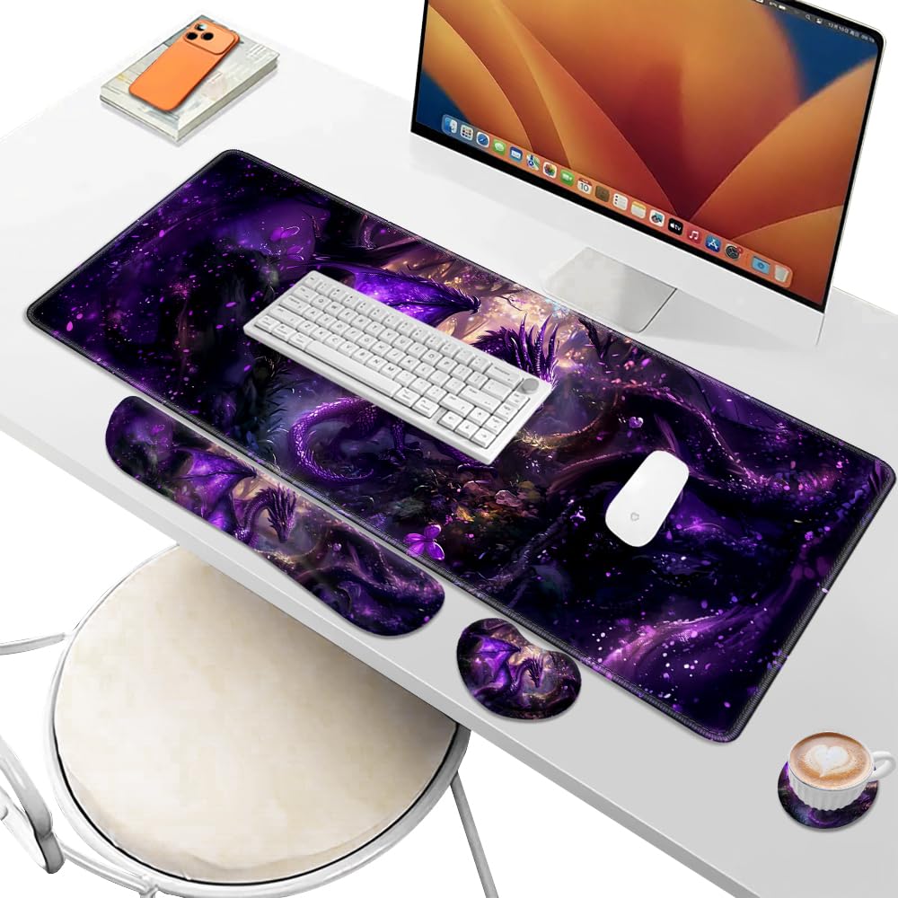 Desk Pad and Keyboard Wrist Rest, Large Mouse Pad + Keyboard Pad+Mouse Wrist Support, Non-Slip Desk Mat Protector for Office, Home 31.5×11.8 Inches Anime Dragon