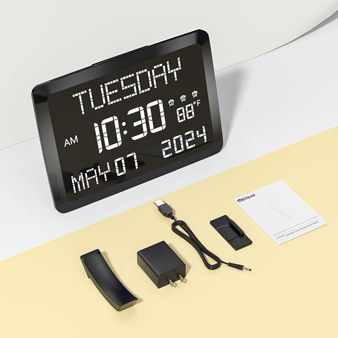 11.5” Extra Large Digital Wall Clock with Date and Day of Week , Electric Desk Clock for Seniors, Large Display Alarm Clock for Bedroom with Battery Backup, 5 Dimmer, 2 USB Ports, Indoor Temp, 12/24H