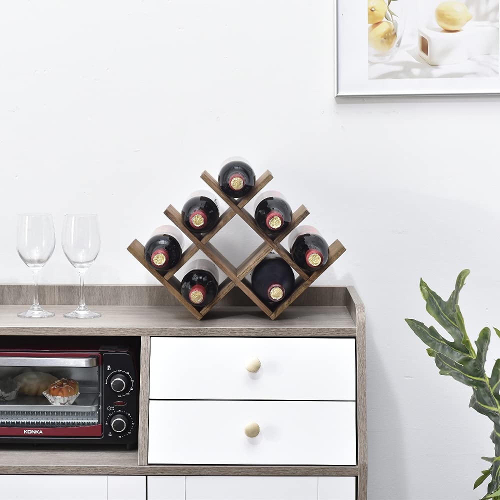 KIRIGEN Wooden 8-Bottle Wine Rack, 3-Tier Countertop Wine Bottle Holder for Cabinets, Bar Cart, Kitchen Counter, Pantry, Dining Room, 16.73 x 5.9 x 11.14 in, XHJJ3-DBR