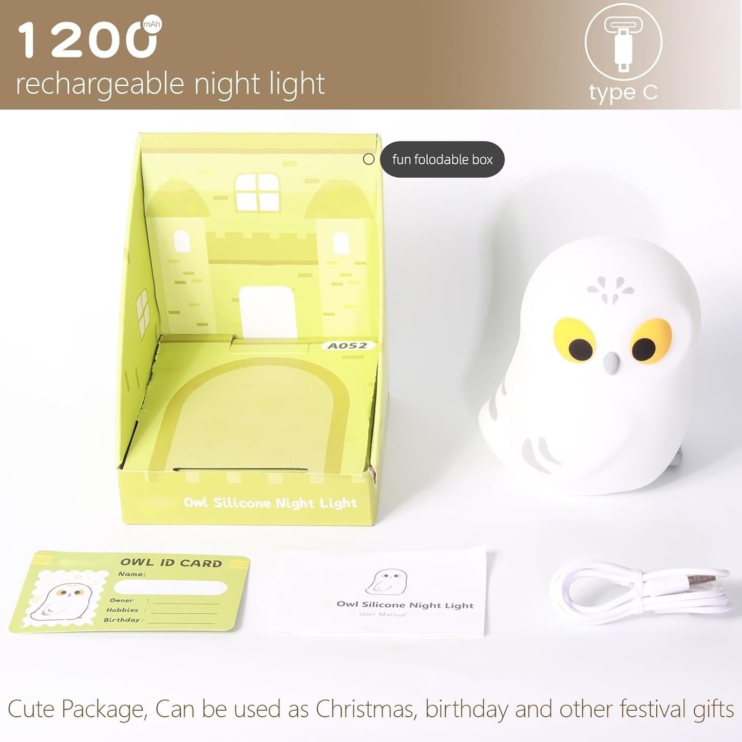 Cute White Owl Night Light for Kids, Squishy Lamp Owl Gifts, Rechargeable Dimmable LED Bird Nightlight, Nursery College Dorm Décor, Funny Foldable Box to Display House, Safe Silicone Baby Toy