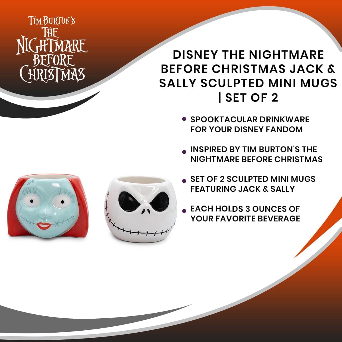 Nightmare Before Christmas Disney The Jack & Sally Sculpted Mini Mugs, Set of 2 | Coffee Mugs And Cups, Home & Kitchen Decor | Halloween Gifts And Collectibles | Each Holds 3 Ounces