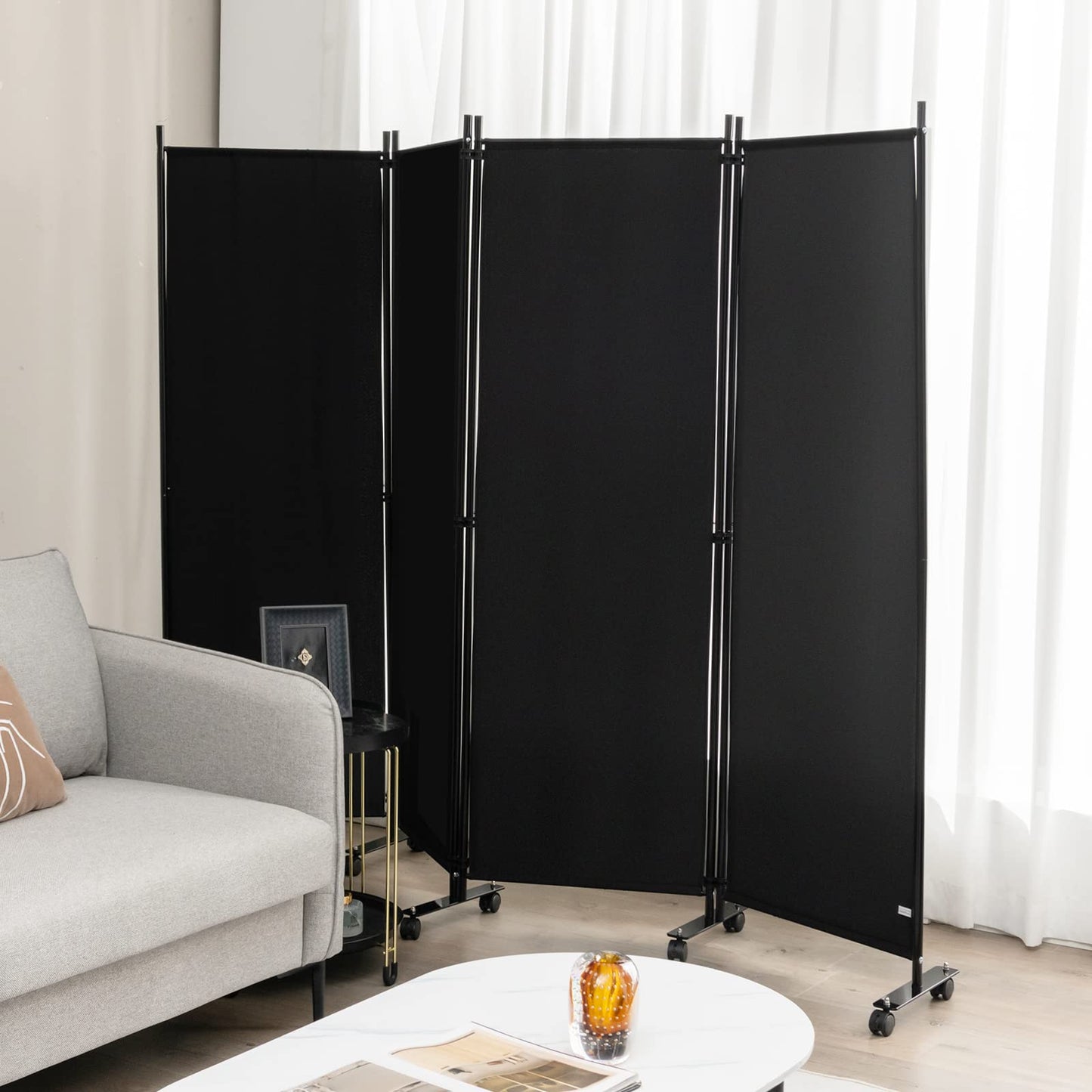 LDAILY 4 Panels Folding Room Divider, 6FT Tall Fabric Privacy Screen w/Metal Frame, Freestanding Partition Wall Divider w/Rolling Wheels for Bedroom, Dining Room, Office, Hospital (Black, 4-Panel)