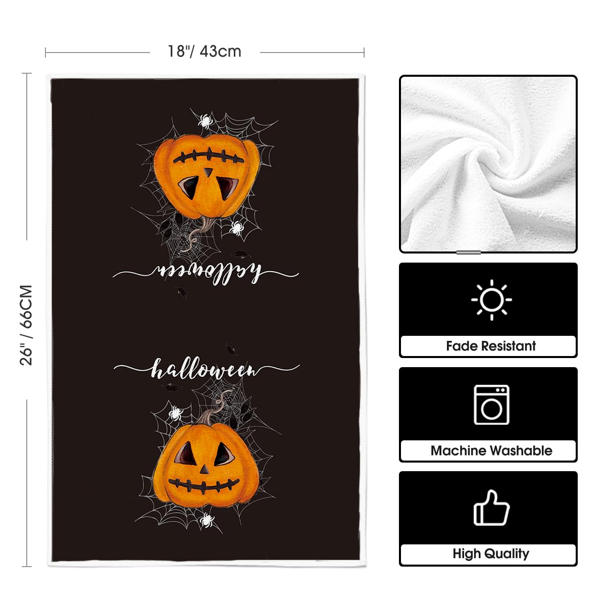 Artoid Mode Black Pumpkin Halloween Kitchen Towels Dish Towels, 18x26 Inch Spider Web Jack-O'-Lantern Decoration Hand Towels Set of 2