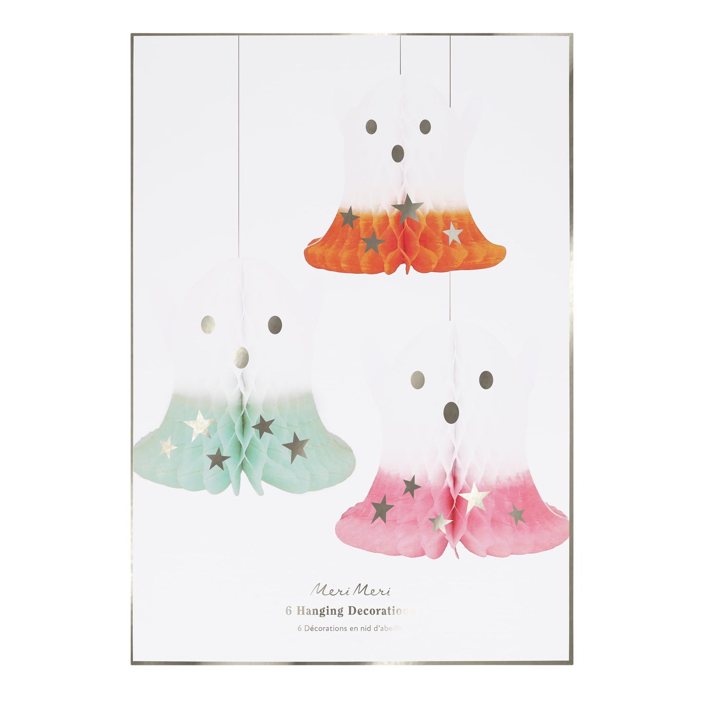 Meri Meri Ombré Ghost Hanging Halloween Party Decorations (Pack of 6), 3 Small Ghosts 5.75”, 3 Large Ghosts 6.75”, Hanging Halloween Decorations Indoor, Included Silver Hanging Cord