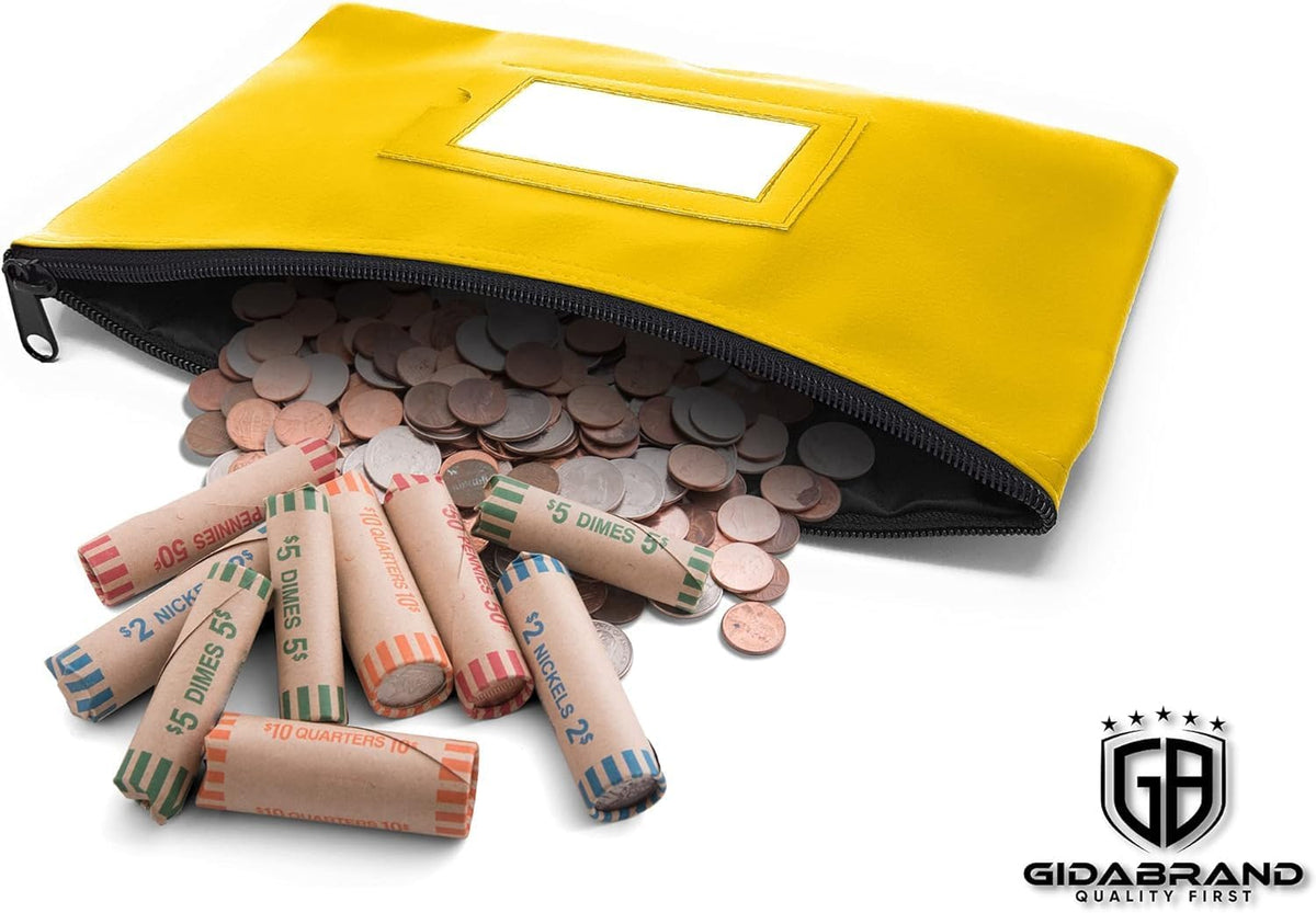 Money Bank Deposit Bag with Zipper | 11x6 inch | Yellow | Durable Leatherette Money Cash Coin Check Wallet Pouch for Men & Women with Framed ID Window and Blank Card (10)