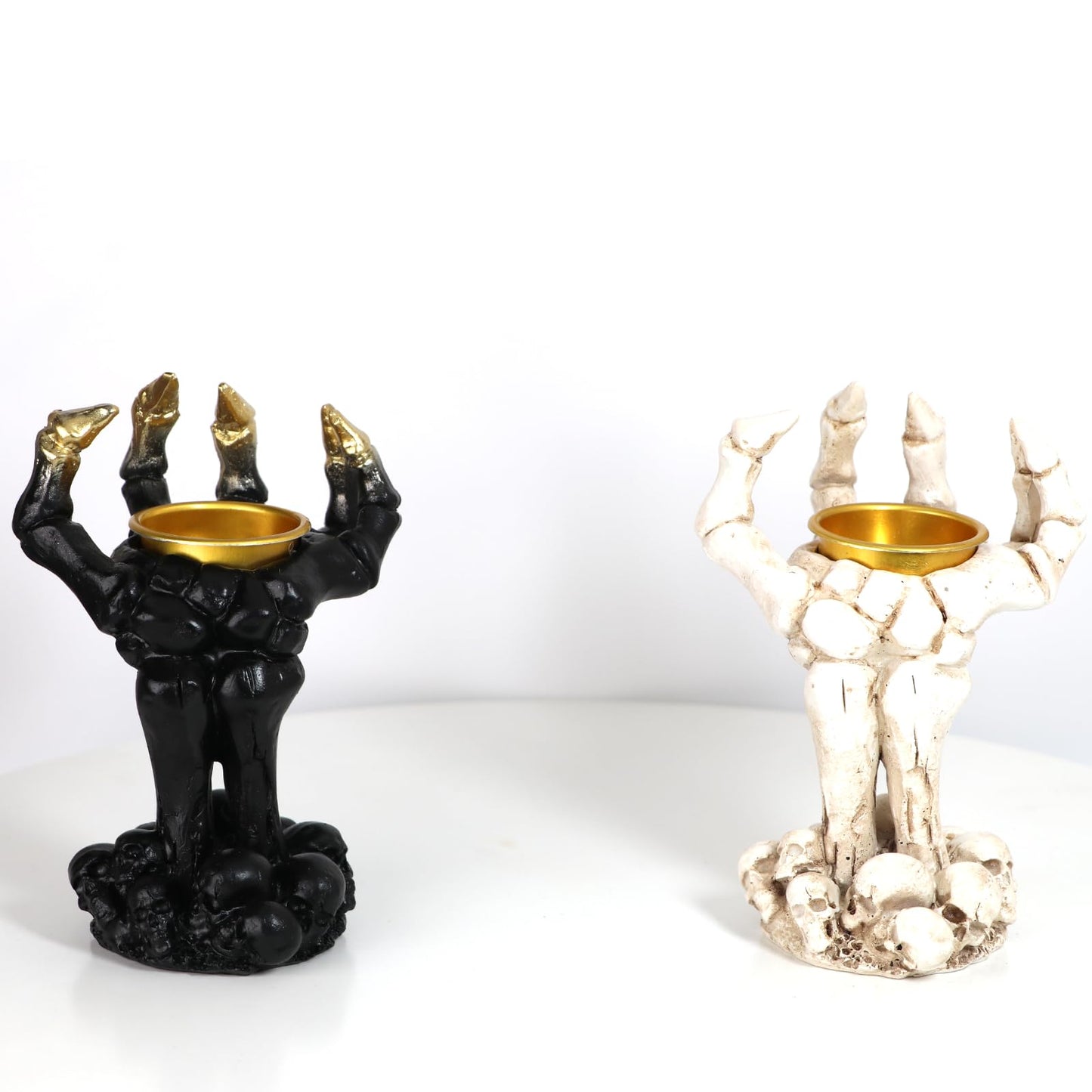 Halloween Gothic Skeleton Hand Candle Holder – Resin Skeleton Hands Decor for Rings, Necklaces, Bracelets, and Taper Candles – Spooky Skull Hand Organizer & Dark Home Office Decoration (White)