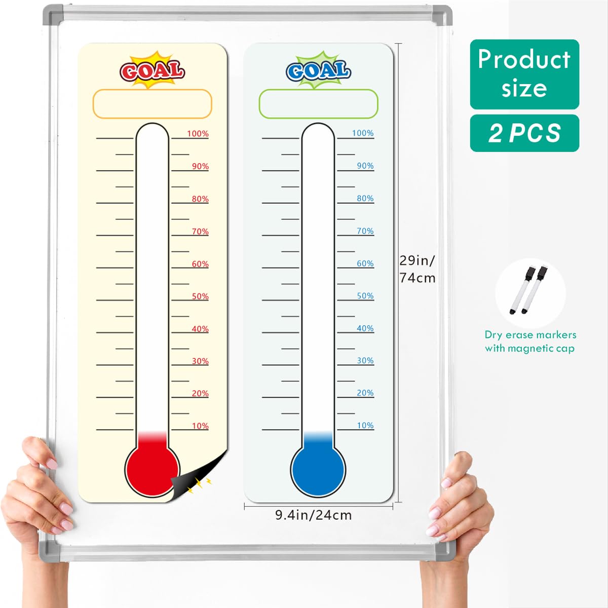 2 Pcs Magnetic Fundraising Thermometer Charts,Dry Erase Goal Trackers Chart Thermometer Goal Setting - Poster Charts for Home, School and Office