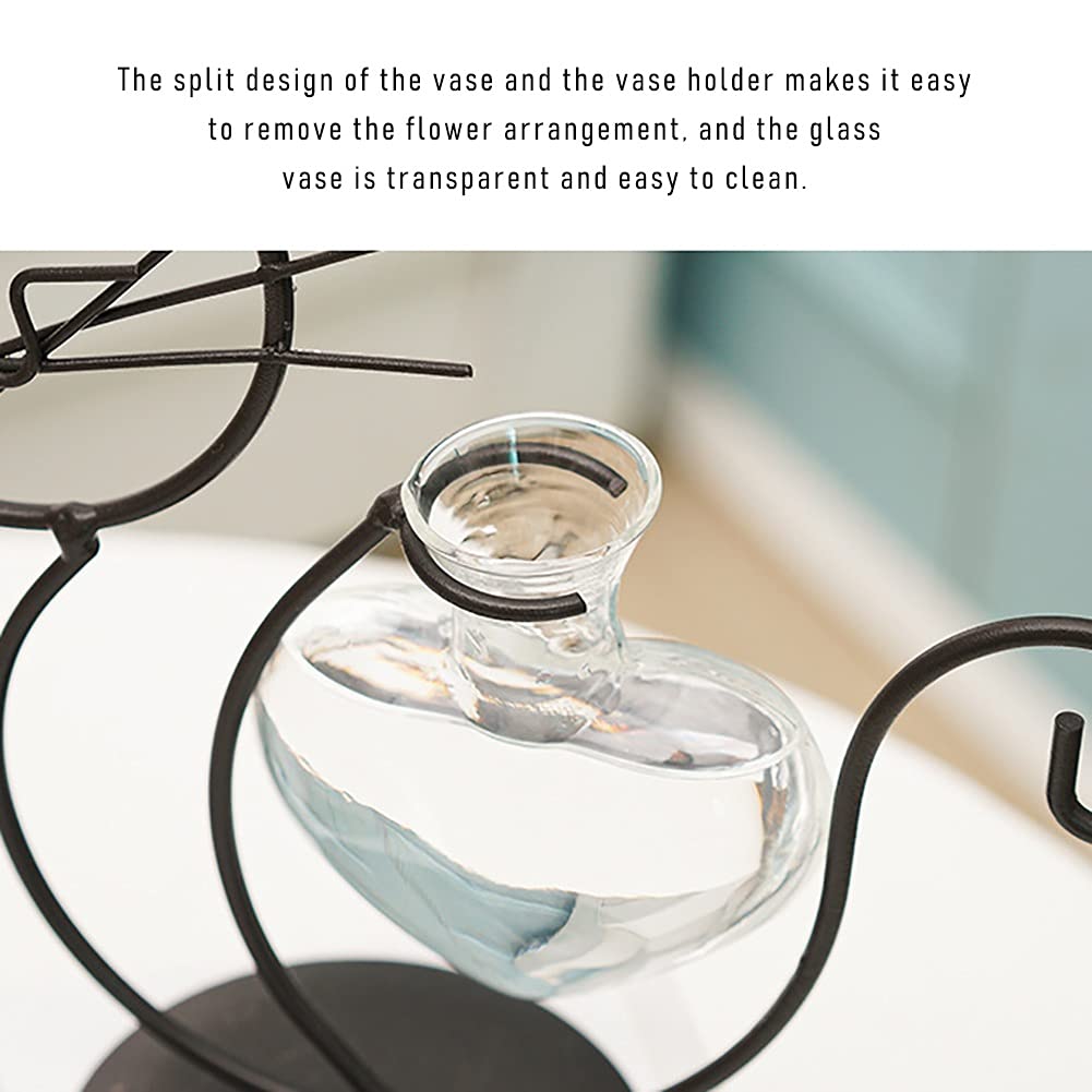 Likense Glass Planter Vase Holder, Lovely Cat Shape Hydroponics Vase with Metal Holder for Hydroponics Plants Black B