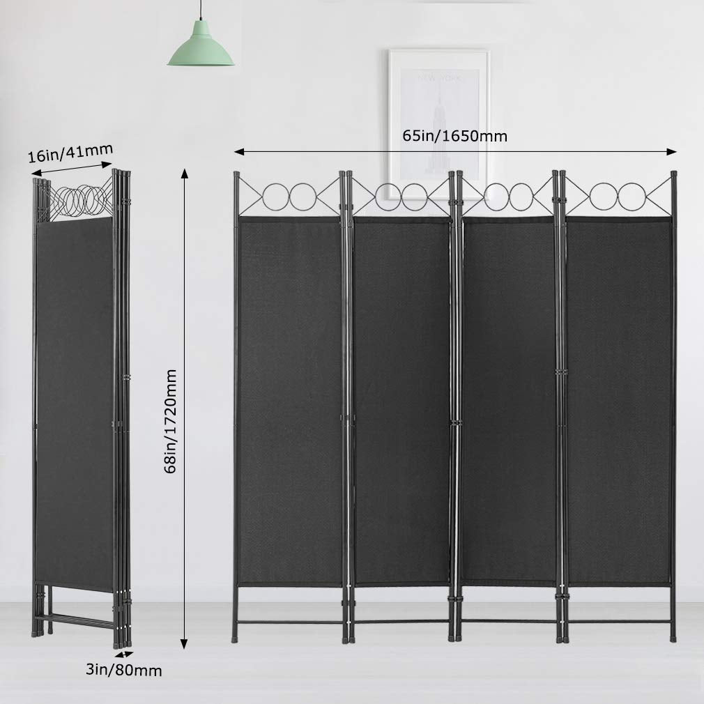 4 Panel Room Divider 6.8FT Steel Frame Screen Folding Privacy Divider Freestanding Partition for Home Office Bedroom, Black