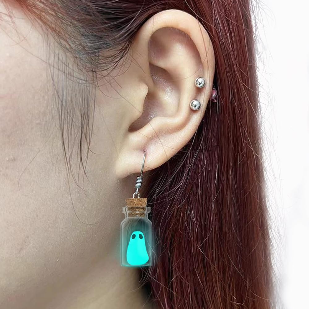 Ghost Earrings(Blue), The Adopt A Ghost In A Bottle Earring, Halloween Tiny Glow-In-The-Dark Spooky Charm Pendant Earrings Christmas Jewelry Gifts for Women