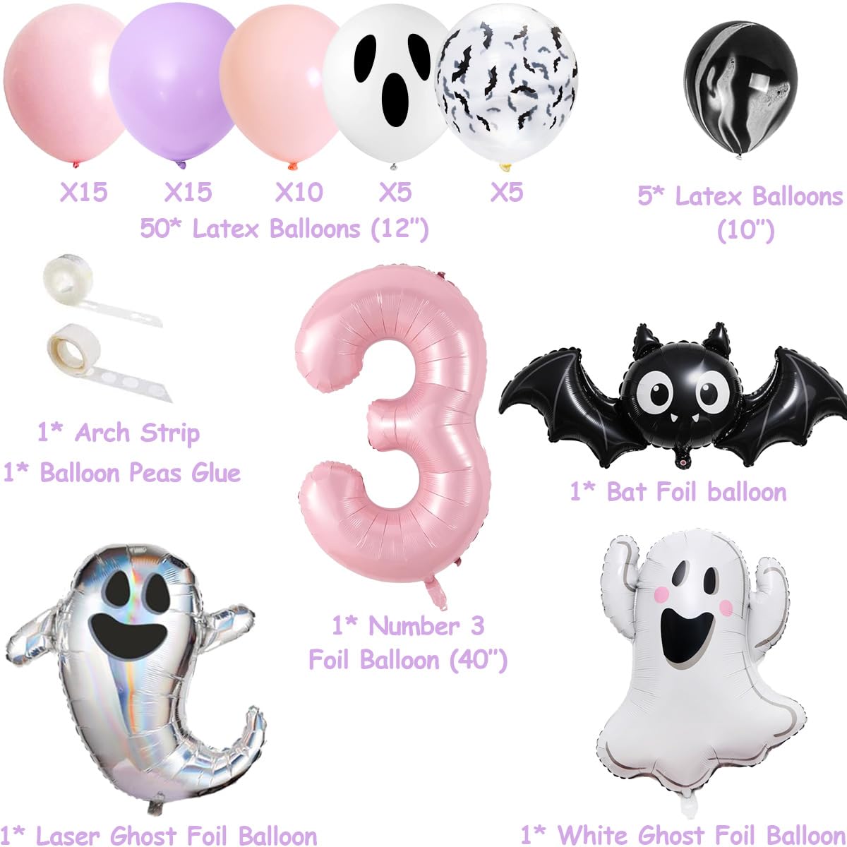 90 Pcs Trick Or Three Party Kit Trick Or Three Banner Cake Topper Halloween Ghost Bat Balloons for Pink Purle Halloween Girl Third Birthday Party Decorations