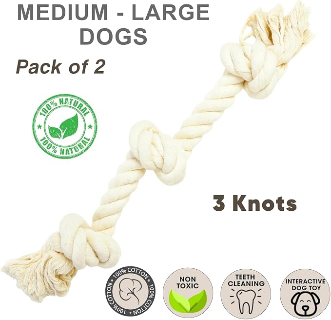 Dog Rope Toys for Large/Medium Aggressive Chewers, Tough Cotton Chew Toy, 39 Inch 5 Knots Indestructible, Tug of War Dog Pull Rope Teeth Cleaning (3 Knots (Pack of 2))