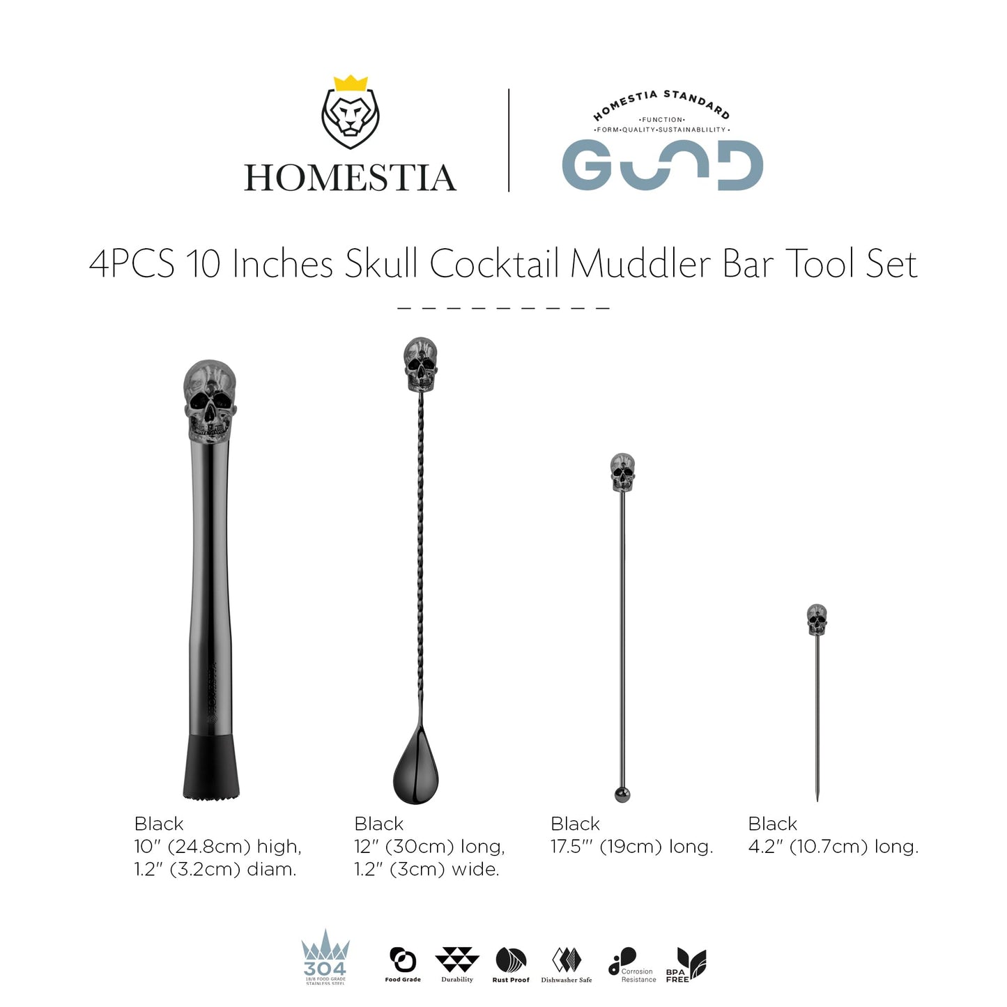 Homestia Black Skull Cocktail Muddler Set, Stainless Steel Bartender Tool Kit with Skull Muddler, Bar Spoon & Pick, Halloween Gothic Barware Gift Box & Cocktail Guide Set of 4