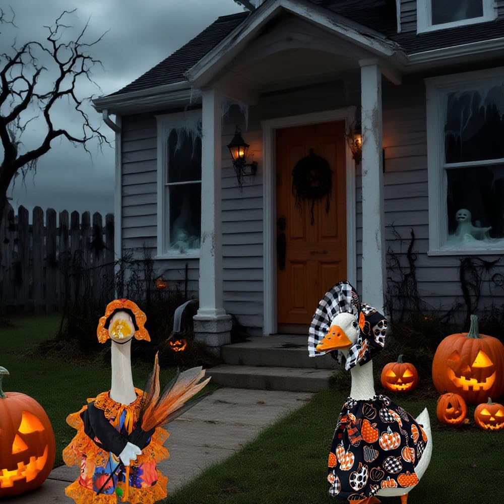 YLYGJGL Halloween Witch Porch Goose Costume - 23" Cement Plastic Goose Statue Outfit Clothing with Hat & Broom, Funny Fall Geese Shirt Decor for Outdoor Patio Lawn Yard Decoration