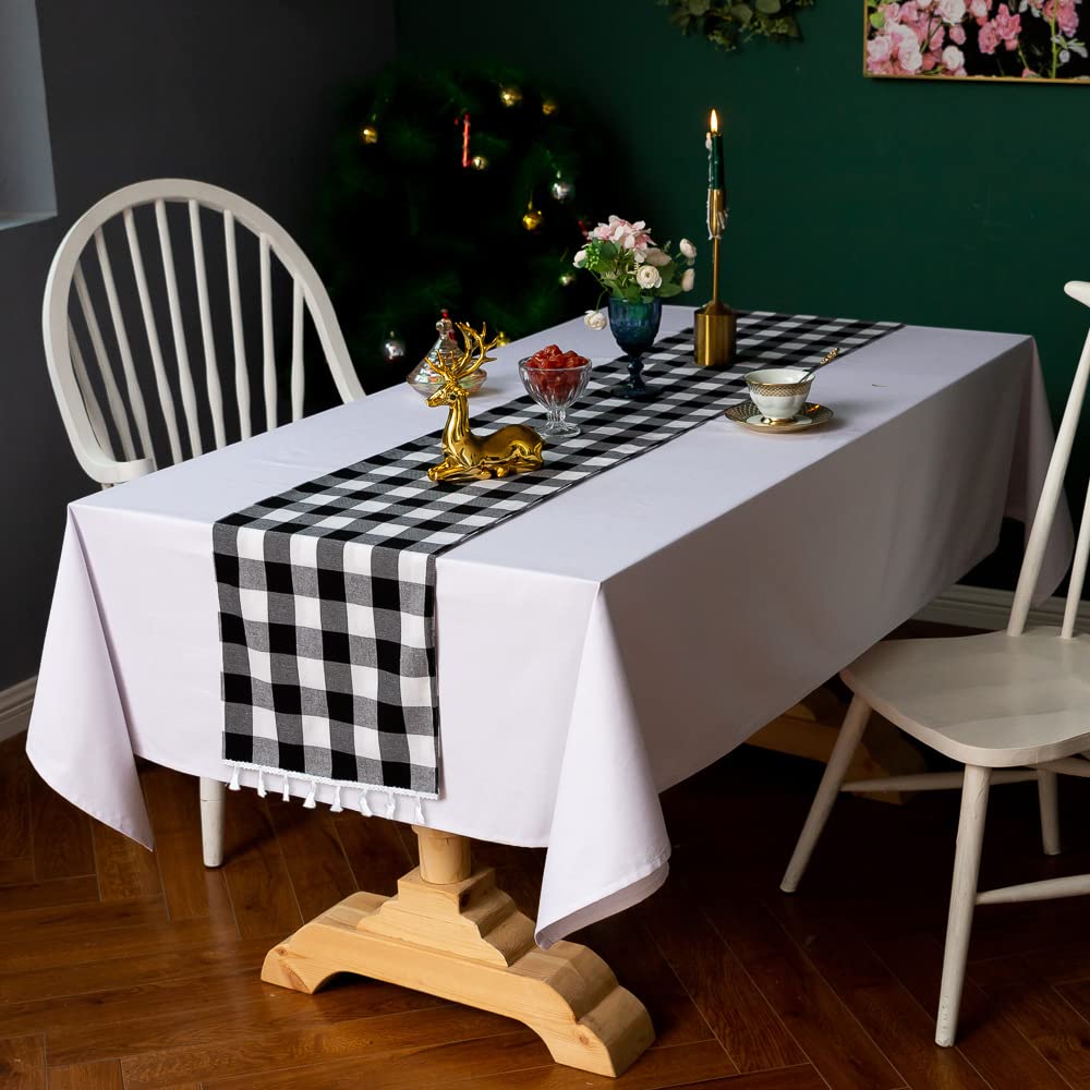 DUOBAO Black and White Checkered Table Runner 108 inches Long Halloween Tablecloth-Runners Buffalo Plaid Fabric with Tassels Gingham for Tables Outdoor Indoor Wedding Birthday Party (2pcs 14x108-Inch)
