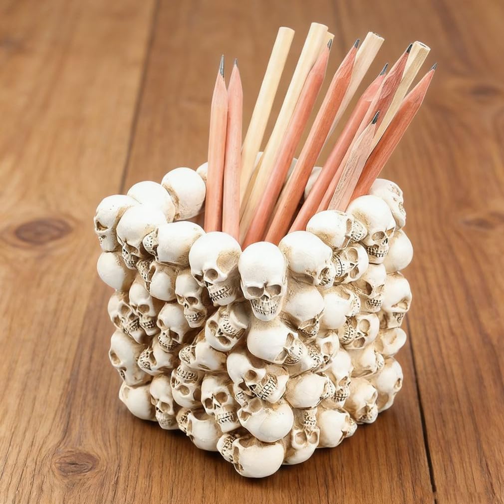RURAUOGR Skull Pen Pencil Holder Makeup Brush Holder Toothbrush Holder Flower Pot Key Storage Resin Skeleton Home Office Halloween Decor (Beige)