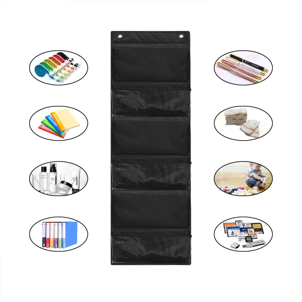 Eamay Hanging File Organizer Wall Mount Storage Pocket Chart, Over The Door Office Supplies Pocket Chart for Classroom, School, Home Use - 2 Over Door Hanger Included (Black)