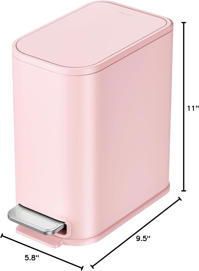Cesun Small Bathroom Trash Can with Lid Soft Close, Step Pedal, 5 Liter / 1.3 Gallon Stainless Steel Garbage Can with Removable Inner Bucket, Waste Basket for Bathroom, Bedroom (Pink)