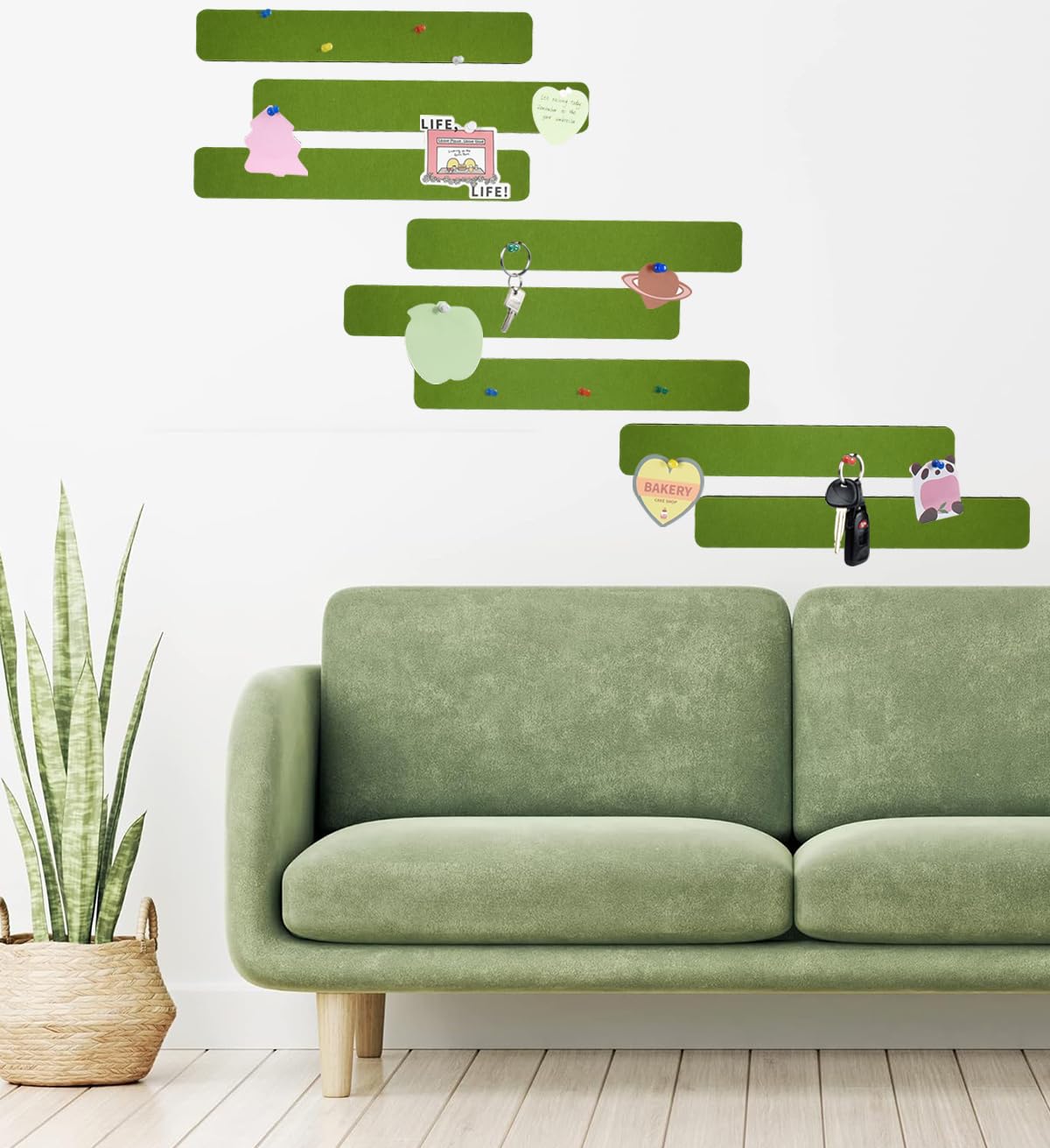 Vuzvuv 8 pcs Bulletin Board Bar Strips with 50 Pushpins & 10 Wooden Clip pins,Self Adhesive Cork Board for Wall,Felt Pin Board for School,Office Decor(Olive Green)