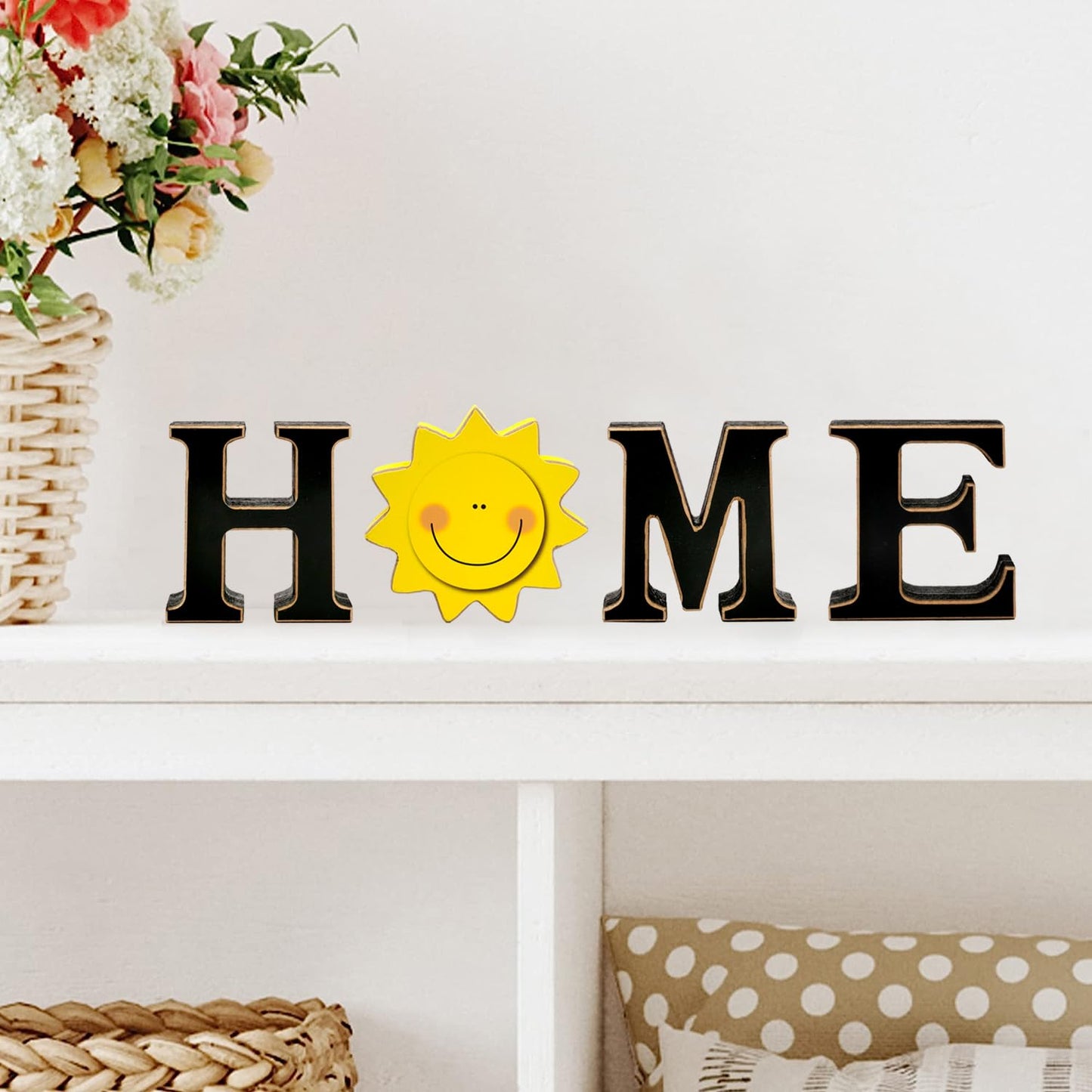 Interchangeable Home Table Signs with 11Pcs Seasonal Icons, Wooden "HOME" Letter Signs Interchangeable Holiday Decorative Table Shelf Centerpiece for Holiday Room Decoration