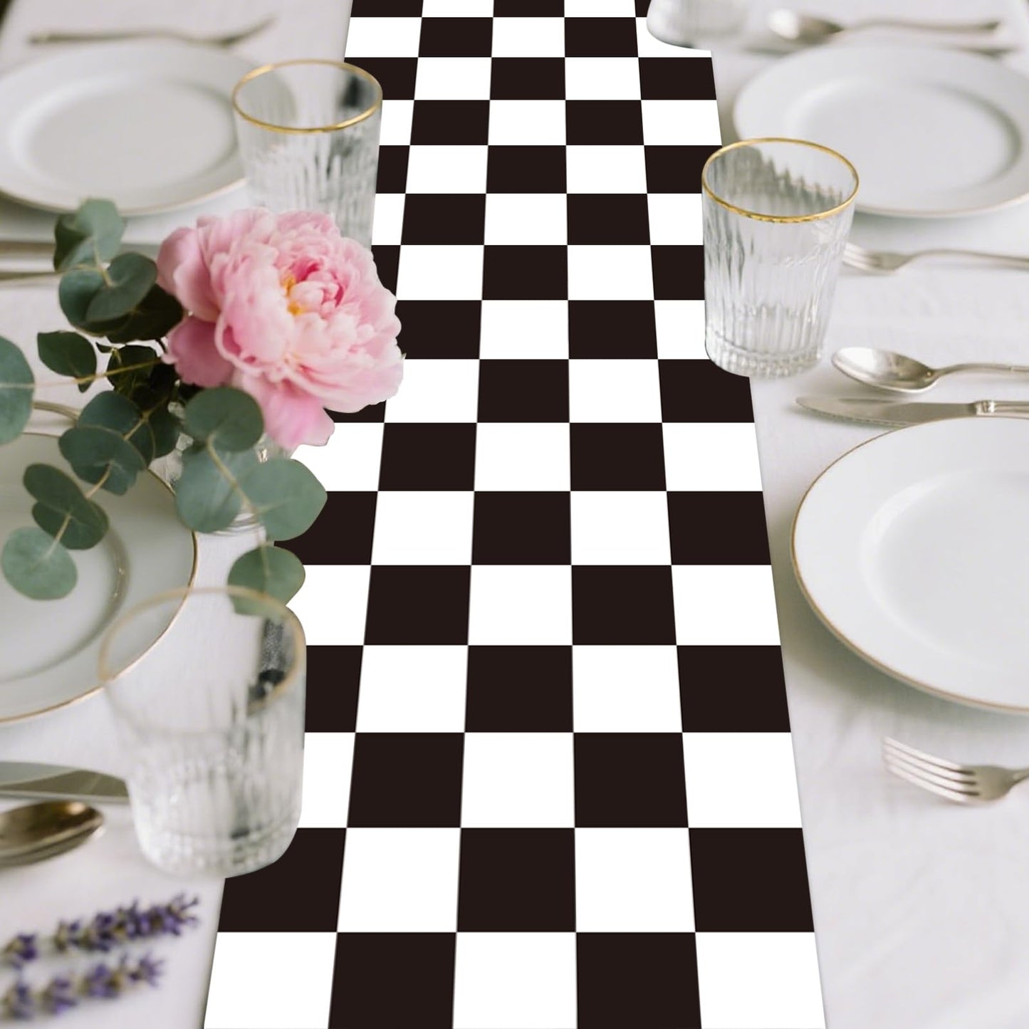 CHRORINE 2 Pcs Black and White Checkered Table Runners for Racing Cars Theme Birthday Party Boy Men Birthday Anniversary Decorations, Truck Theme Fast One Two Fast Decorations 13x108 Inches