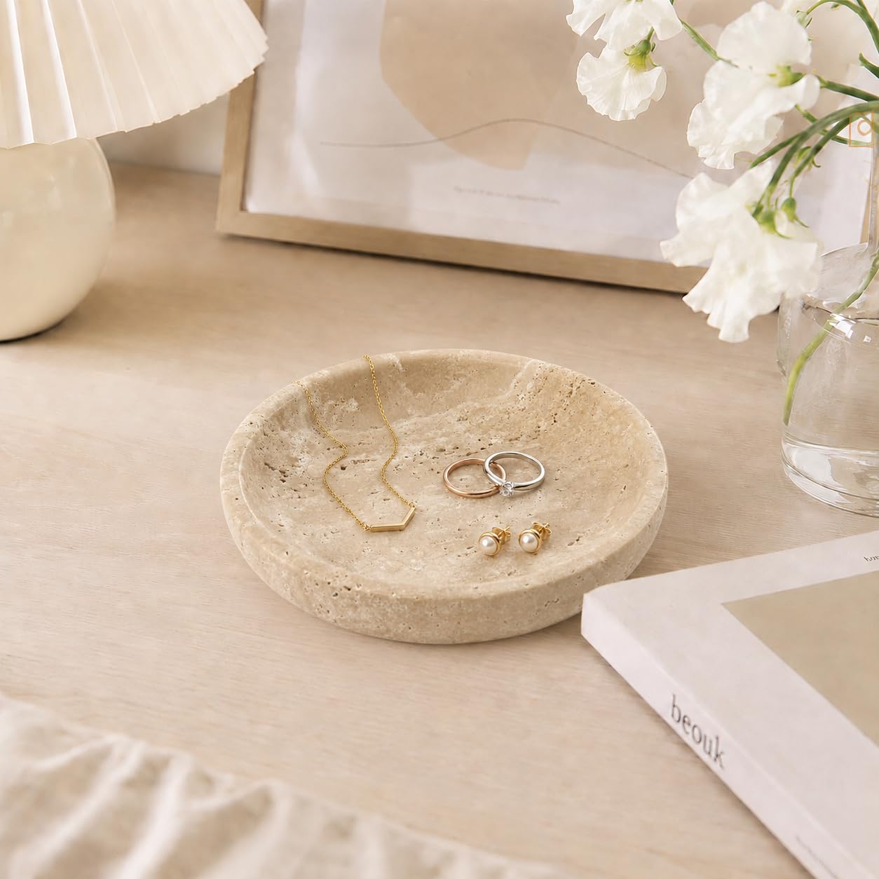 Small Natural Marble Jewelry Tray Key Plate Holder Dish Trinket Decor Catch All Bowl for Ring Earring Stone Gift for Women Daugther,Beige Travertine,5.5"