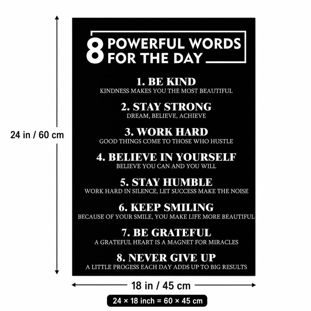 PJQART 8 Powerful Words for the Day Inspirational Framed Canvas Wall Art, Black and White Quote Poster with Uplifting Phrases for Home Office, Dorm Room, or Classroom Decor, 24x18 Inch