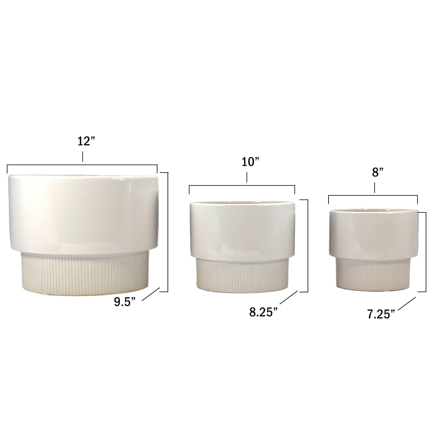 Galt International Set of 3 (8", 10", 12") Mid Century Modern Off White Flat Ribbed Ceramic Planter Pots Flower Pot Indoor House Plants Decor w/Drainage Hole & Plug