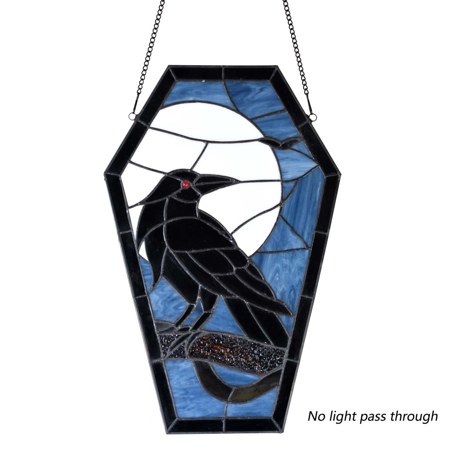 Bieye W12001 Gothic Raven Stained Glass Window Panel, Tiffany Style Hanging Suncatcher for Halloween Decor (Dark Blue, 16" H Coffin-shaped)