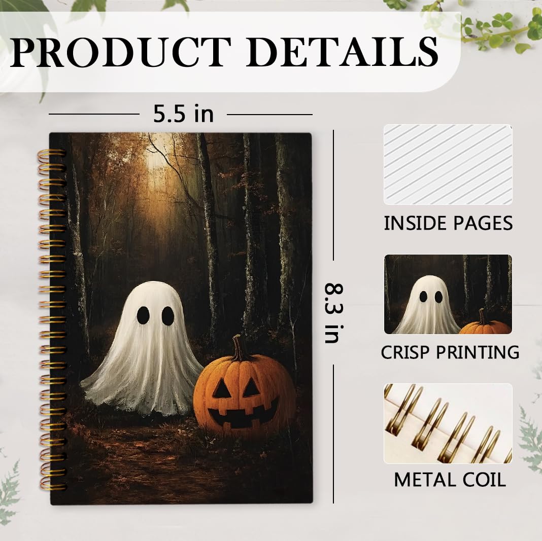 nvucamd Vintage Halloween Spiral Notebook, Witchy Fall Ghost Pumpkin Journal Notebook, Gothic Ghost Gifts Journaling Notebooks for Women, Halloween Gifts Office Supplies, 5.5x8.3 Inch