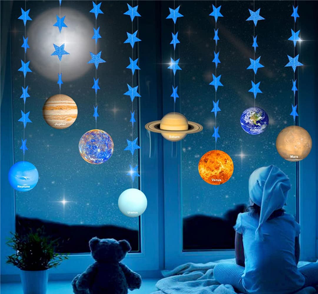 Galaxy Solar System Hanging Paper Decoration (8 Strings X 4.3ft), Outer Space Paper Garland Flower Party Streamers, Plant with Blue Star Hanging for Kids Bedroom Decor,Birthday PartySupplies