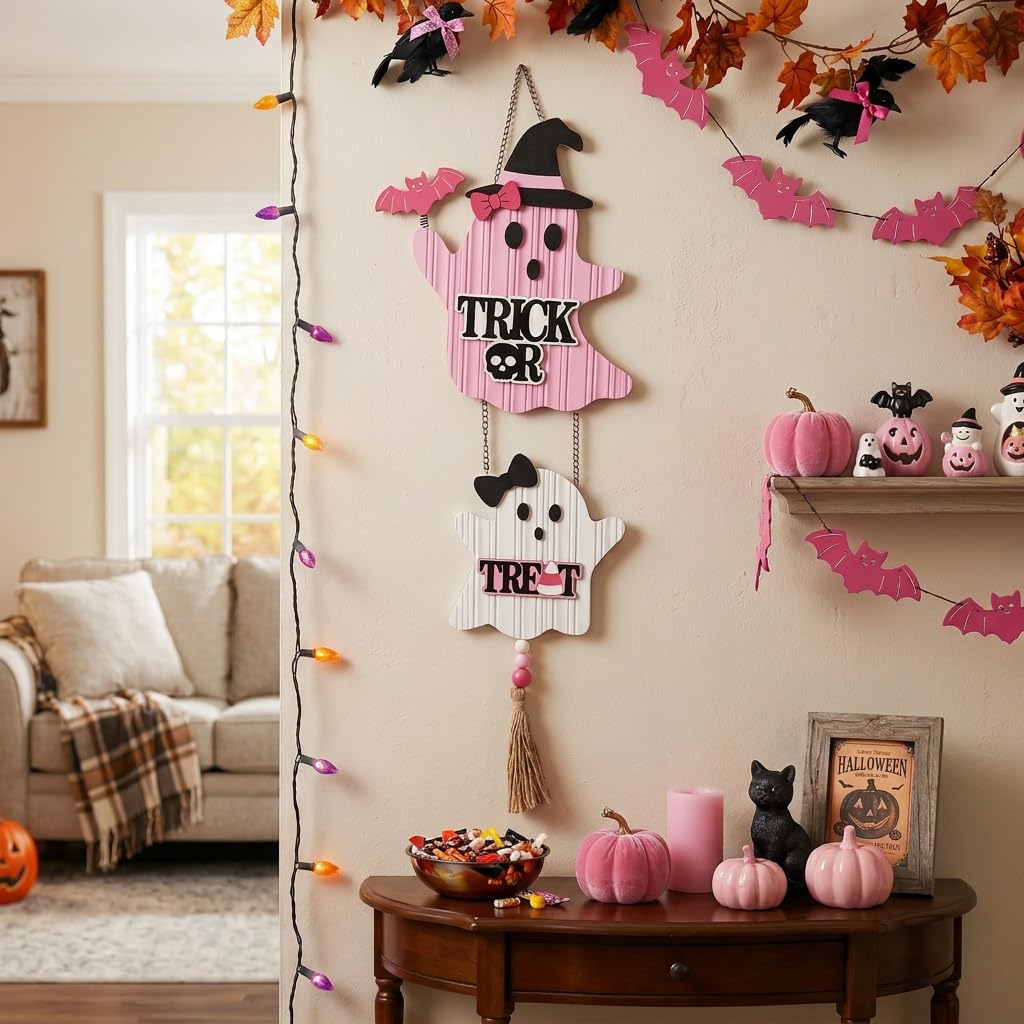 Valery Madelyn Pink Halloween Decorations, Cute Halloween Door Wreath Decorations, Ghost with Witch Hat Wooden Hanging Sign for Wall Window Door Handle, 16 inch