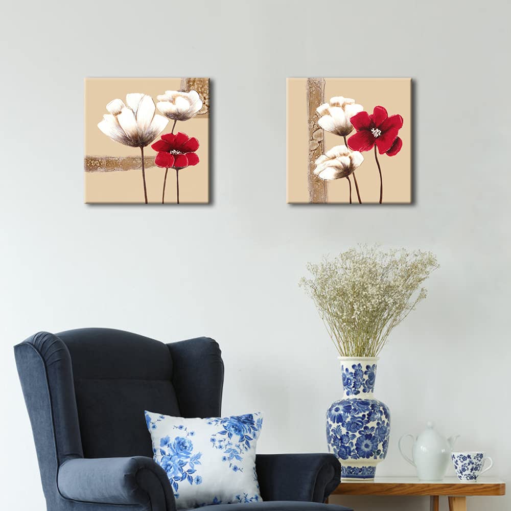 Wieco Art Red and White Flowers Canvas Prints Wall Art Abstract Floral Oil Paintings Style Pictures for Living Room Bedroom Bathroom Home Decorations 2 Piece Modern Stretched and Framed Grace Artwork