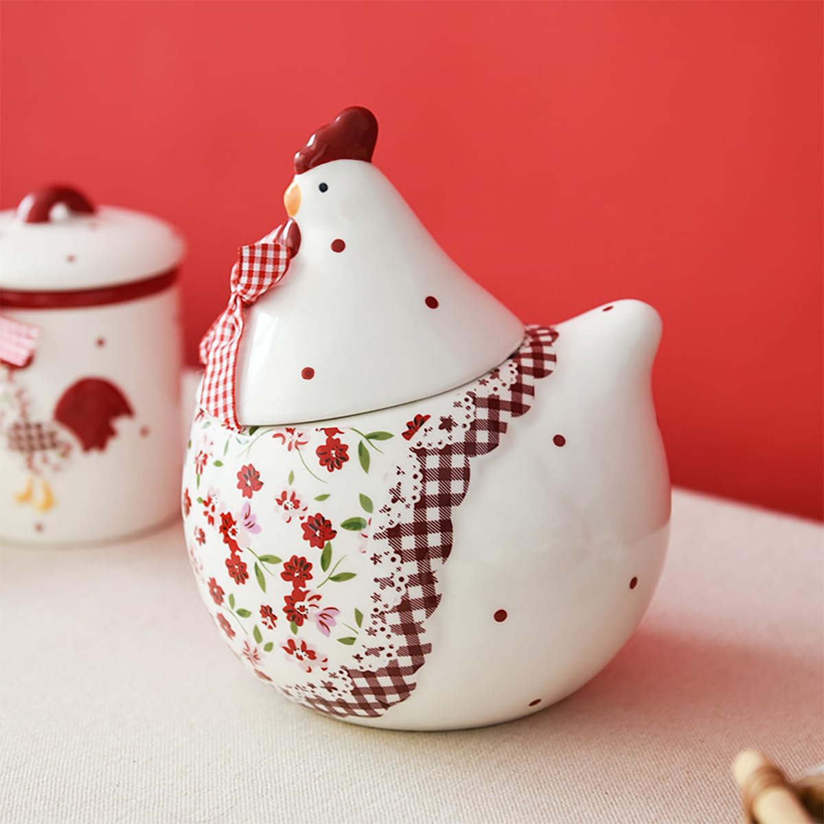 Bicuzat Rural Chicken and Flower Pattern Ceramic Easter Sugar Canister Rooster Hen Cookie Jar Ceramic Storage Jar Food Storage Can with Airtight Lid-Red-35 OZ
