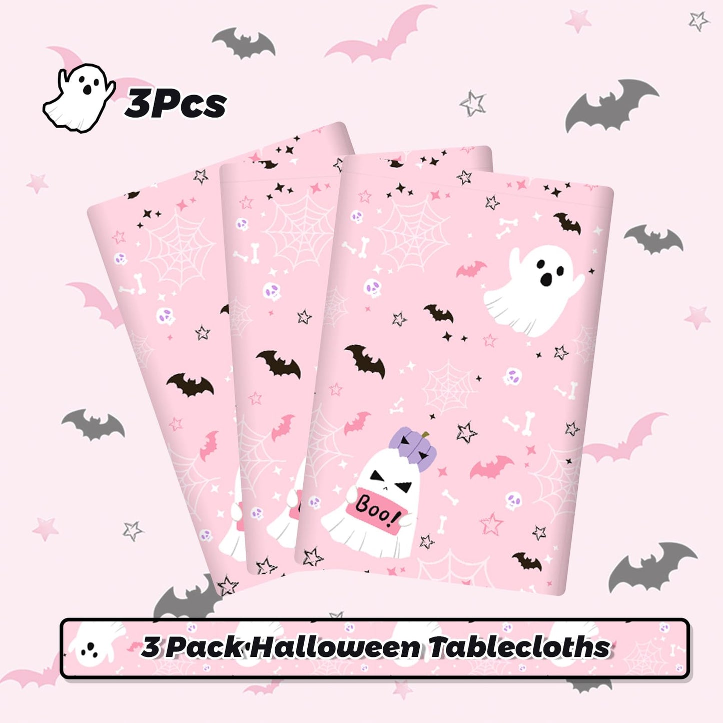 MEHOFOND 3 Pack Pink Halloween Plastic Tablecloths, Little Boo Baby Shower Decorations, Halloween Spooky Spider Web Happy Booday Disposable Table Cover Party Supplies for Birthday Baby Shower