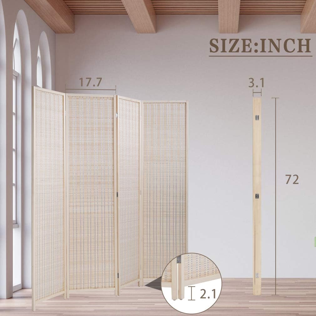 FDW Bamboo Room Divider Folding Privacy Wooden Screen 4 Panel 72 Inches High 17.7 Inches Wide Room Divider for Bedroom Office Study,Natural