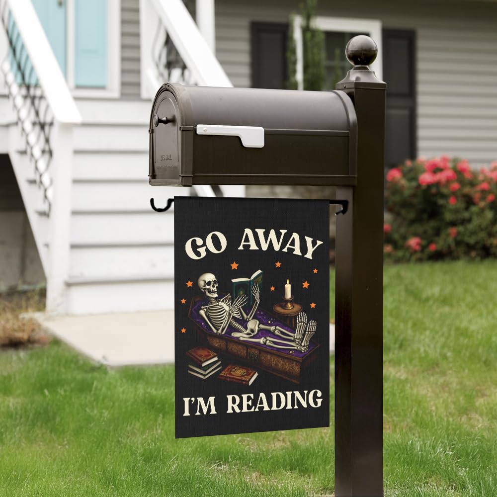 Xipromi Go Away I'm Reading Garden Flag, Funny Skeleton Spooky Halloween Flags for Outside, Porch Outdoor Fall Yard Decor for Book Lovers, Reading Gifts Librarian Gifts for Friend