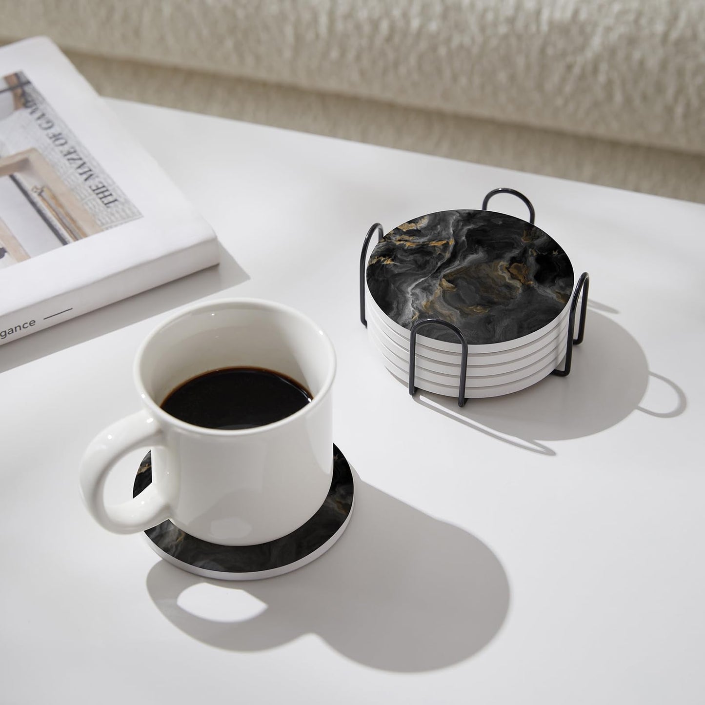 Hoomey Set of 6 Abstract Black Marble Coasters with Holder, Absorbent Ceramic Coasters for Drinks, Coasters with Cork Backing for Table Protection, Housewarming Gifts for New Home