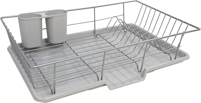 Sweet Home Collection 3 Piece Dish Drainer Rack Set, 12" x 19" x 5", Silver