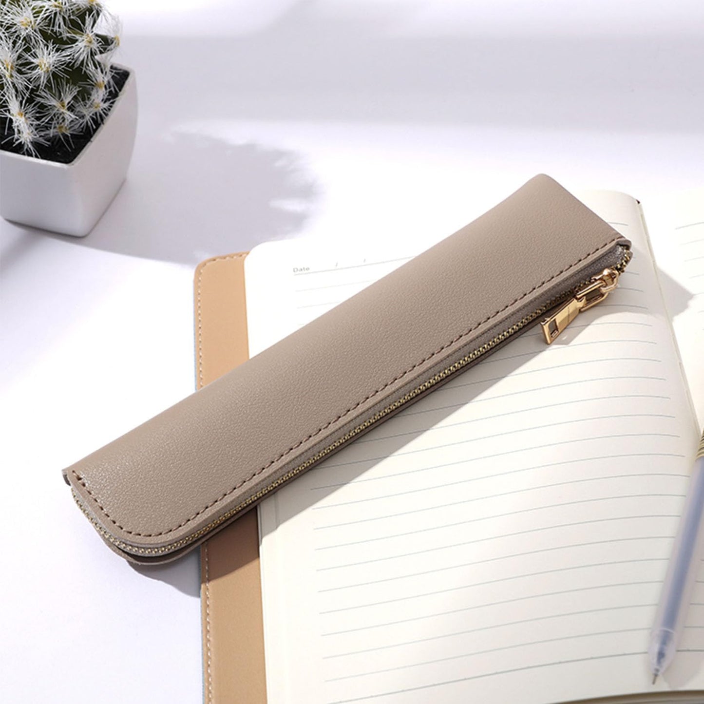 YONBEN Faux Leather Pencil Case Small Pencil Pouch Slim Pen Case Holder Zipper Bag for School Office(Beige,Faux Leather)