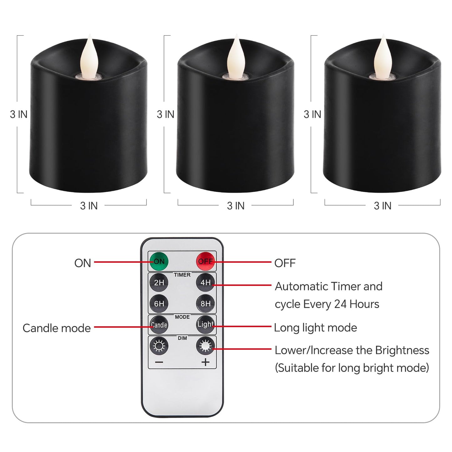 milysoek 3x3 Flickering Flameless Candles Set of 3, LED Battery Candles Flickering,with Timer, 3 inch Flameless Candles with Remote,Battery Operated Candles, Holiday Home Decor for,Black