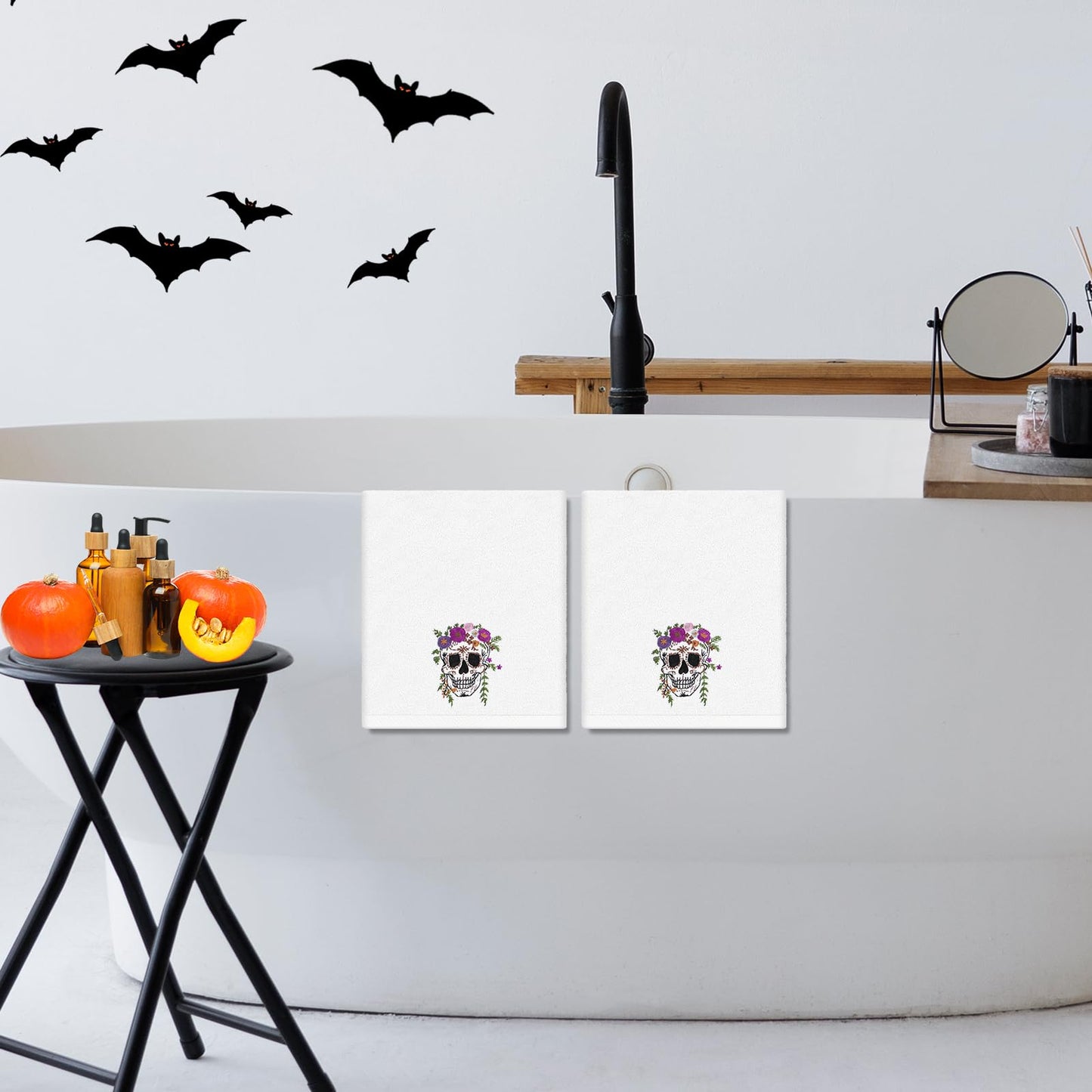 JarThenaAMCS 2 Pcs Halloween Skull Hand Towels Flower Skull Embroidered Cotton Towel Dish Towel with Ribbon for Kitchen Bathroom Drying Cleaning, 29.5 x 13.7 Inch