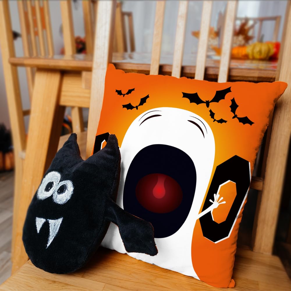 All Smiles Halloween Decorative Throw Pillow Covers 18X18 Set of 4 Fall Outdoor Indoor Orange and Black Halloween Decorations Ghost Cat Pillow Cases Ghost Cushion Home Decor Couch Sofa Bed