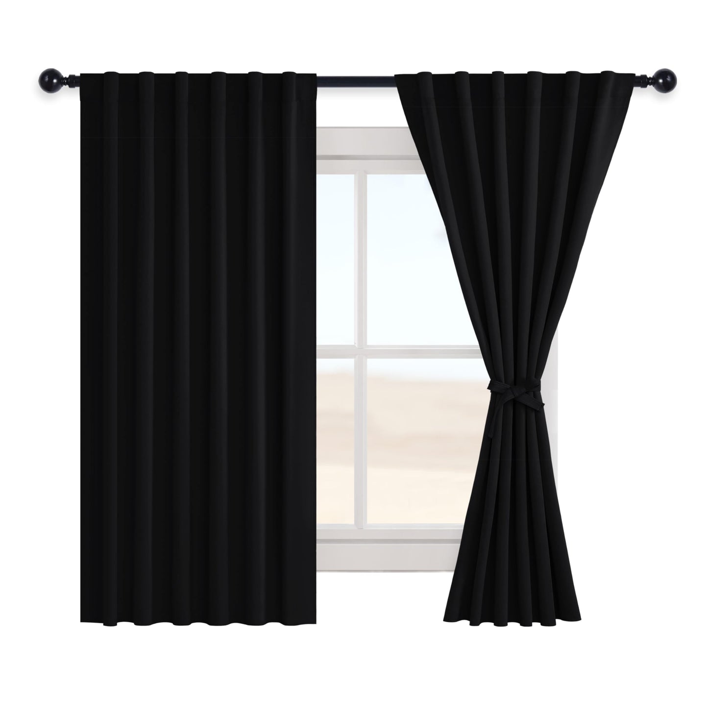 Hiasan Black Blackout Curtains Rod Pocket & Back Tab Halloween Curtains with Tiebacks Thermal Insulated Drapes for Living Room Bedroom Noise Reducing,52 inch Wide, Set of 2,Black